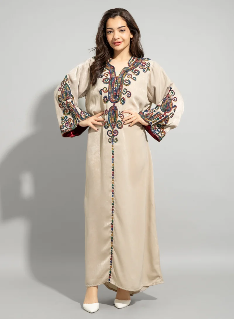 IKKXA Solid Embroidery Elegant Jalabiya IN1637 Beige