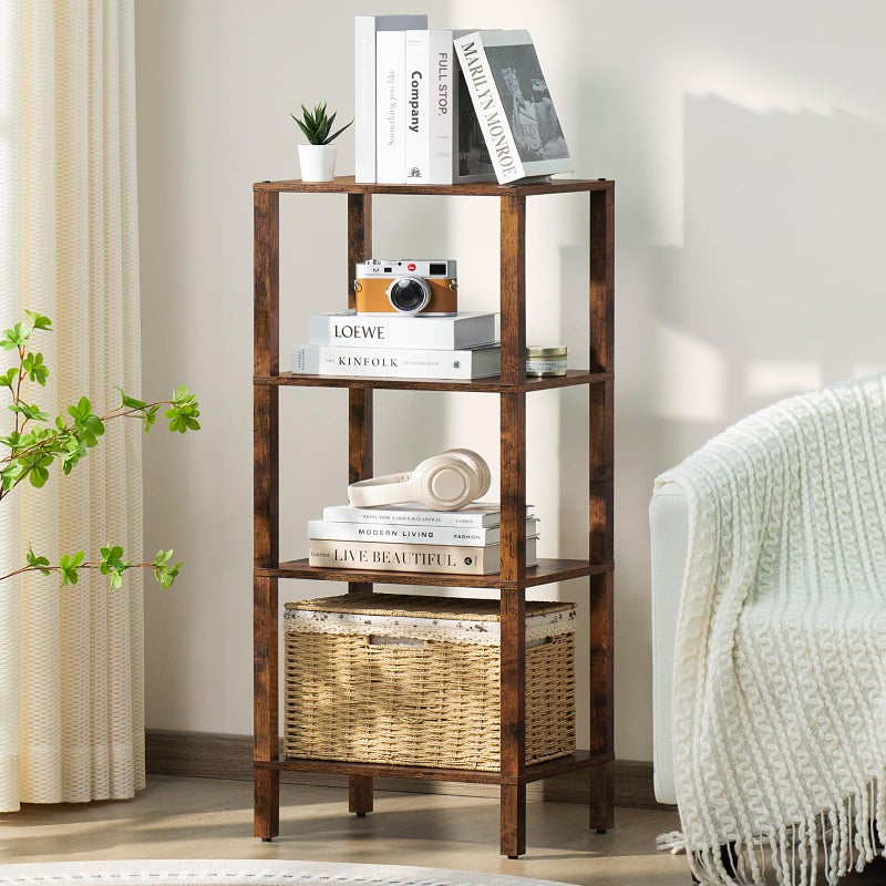 YUFAM 4 Tier Tall Wooden Bookshelf with Storage - Small Bookcase for Small Spaces, Shelf for Living Room, Office, Bedroom, Kitchen - Industrial Retro Brown Book Shelf - Image 1