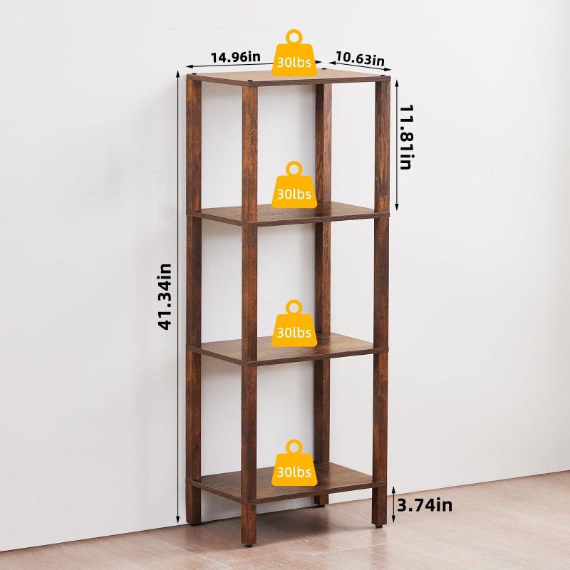 YUFAM 4 Tier Tall Wooden Bookshelf with Storage - Small Bookcase for Small Spaces, Shelf for Living Room, Office, Bedroom, Kitchen - Industrial Retro Brown Book Shelf - Image 2
