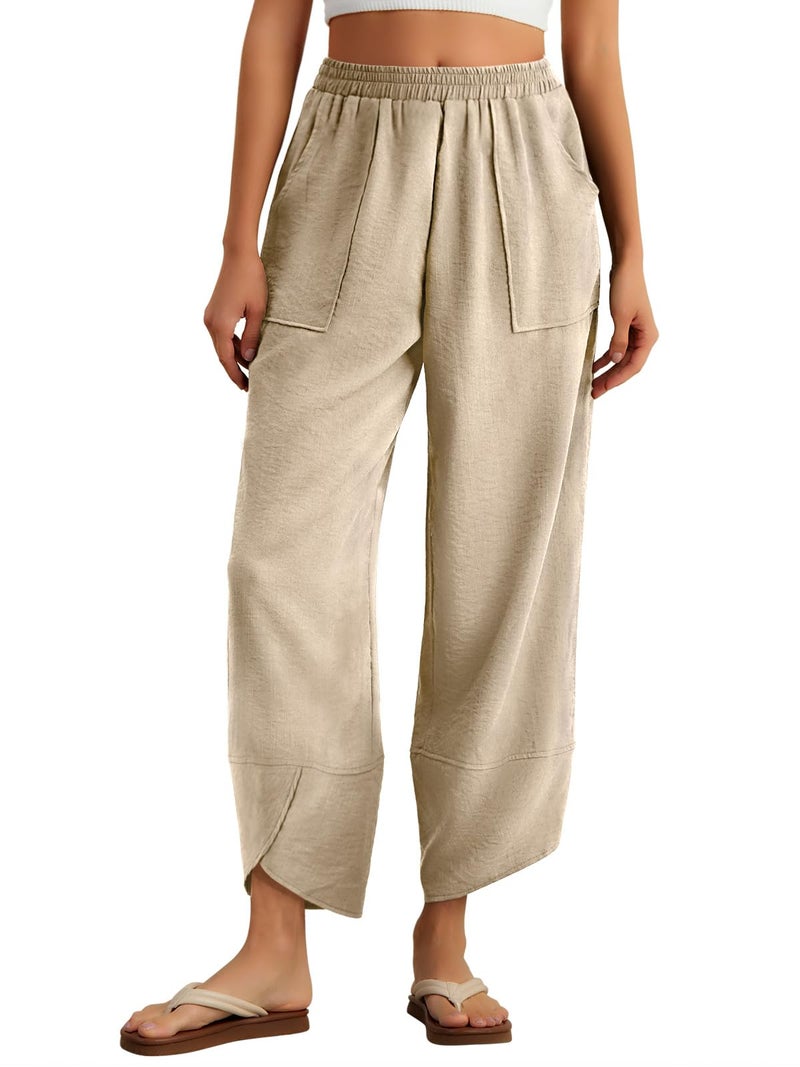 Feiersi Womens Baggy Wide Leg Pants Elastic Waisted Casual Palazzo Harem Pants Summer Beach Trousers(Light Khaki,Large) - Image 1