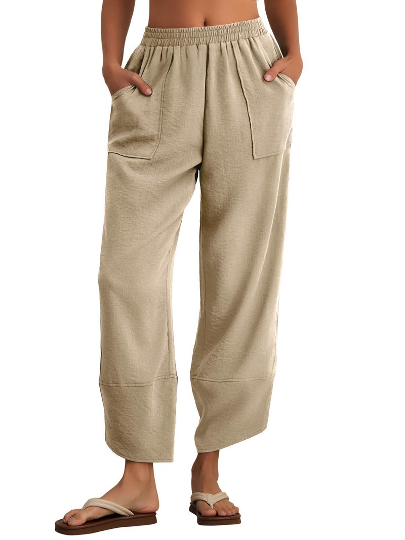Feiersi Womens Baggy Wide Leg Pants Elastic Waisted Casual Palazzo Harem Pants Summer Beach Trousers(Light Khaki,Large) - Image 2