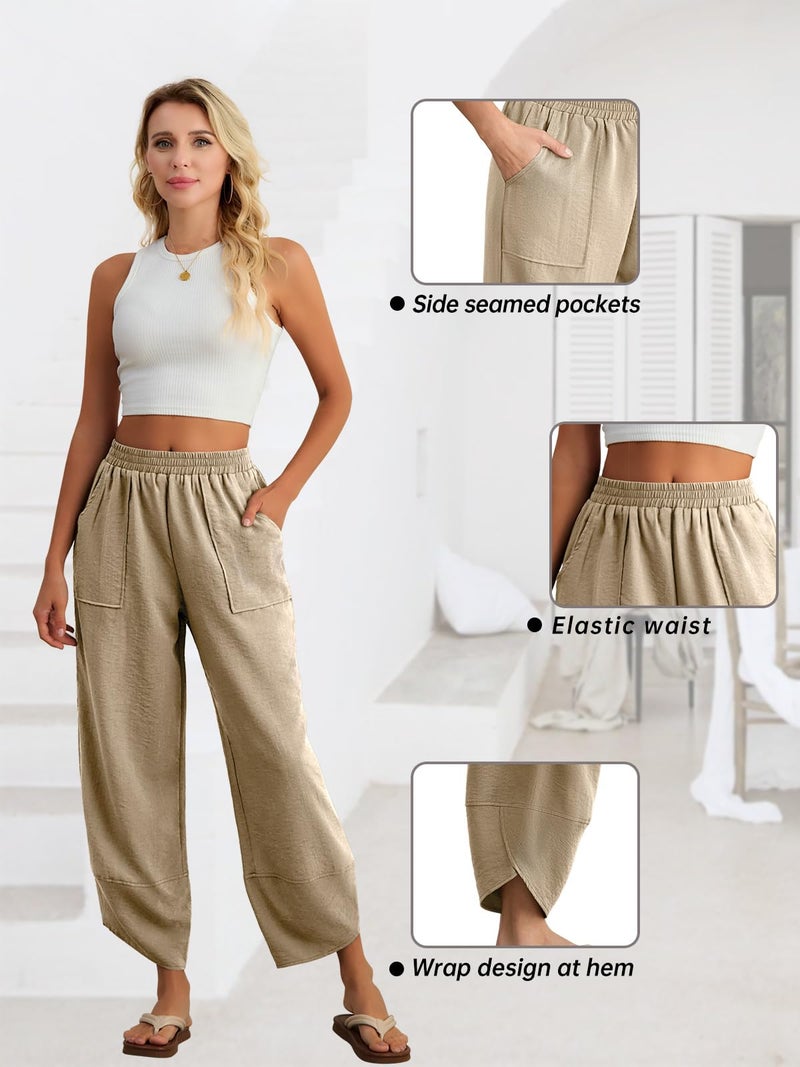 Feiersi Womens Baggy Wide Leg Pants Elastic Waisted Casual Palazzo Harem Pants Summer Beach Trousers(Light Khaki,Large) - Image 4