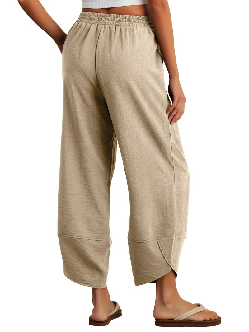 Feiersi Womens Baggy Wide Leg Pants Elastic Waisted Casual Palazzo Harem Pants Summer Beach Trousers(Light Khaki,Large) - Image 5