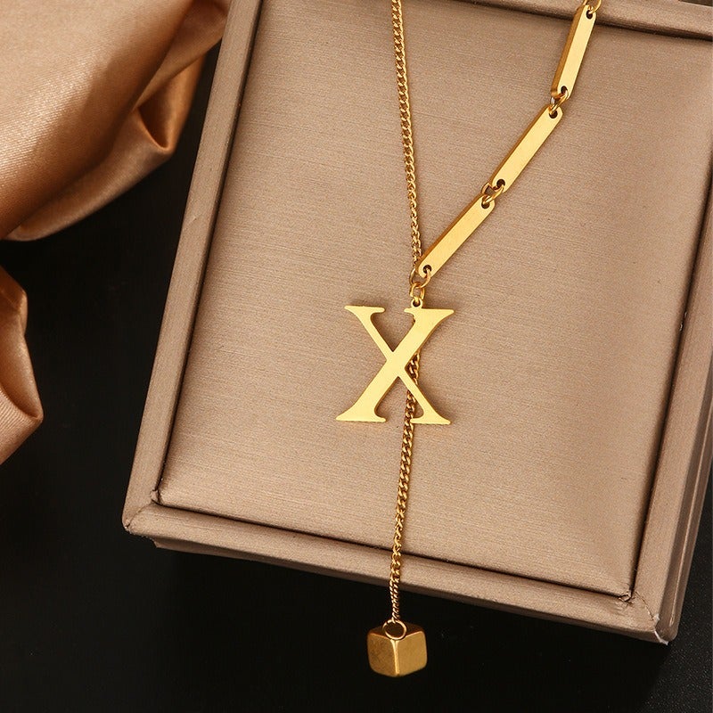 Vital Titanium Steel Tassel Collarbone Necklace for Women, 26 Letter Initial Pendant, Fade-Resistant Minimalist Jewelry