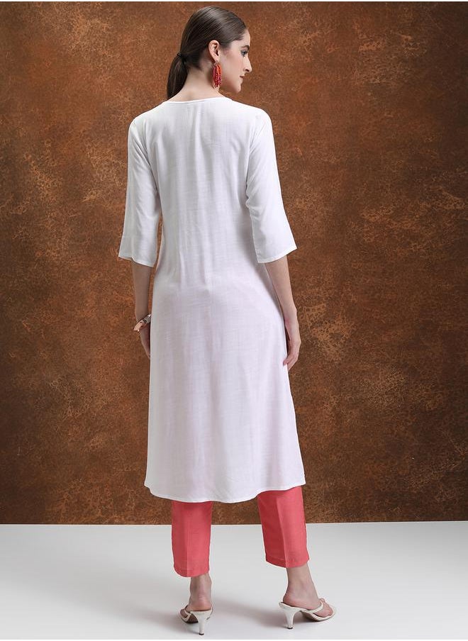 Vishudh White Geometric Yoke Design Thread Work A-Line Kurta by Styli  - Image 3