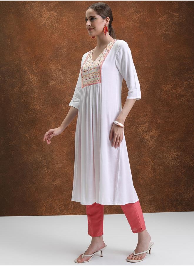 Vishudh White Geometric Yoke Design Thread Work A-Line Kurta by Styli  - Image 2