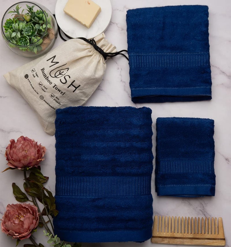 Mush Bamboo Towels Set | Ultra Soft, Absorbent and Antimicrobial 600 GSM (2 Bath Towel, 2 Hand Towel and 2 Face Towel) Perfect for Daily Use and Gifting (Navy & White) - Image 2