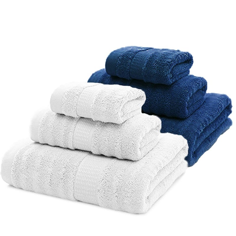 Mush Bamboo Towels Set | Ultra Soft, Absorbent and Antimicrobial 600 GSM (2 Bath Towel, 2 Hand Towel and 2 Face Towel) Perfect for Daily Use and Gifting (Navy & White) - Image 1