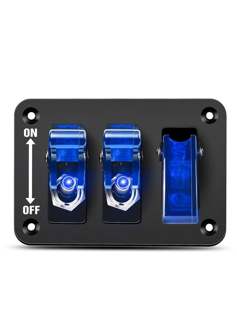 KASTWAVE - 3 Gang Toggle Switch 12V Rocker Switch Panel with LED Light and Flip Cover, Heavy-Duty ON/Off Switch Plate 3 Pin SPST Rocker Switch for DIY, Home, Racing Car (Blue) - Image 1
