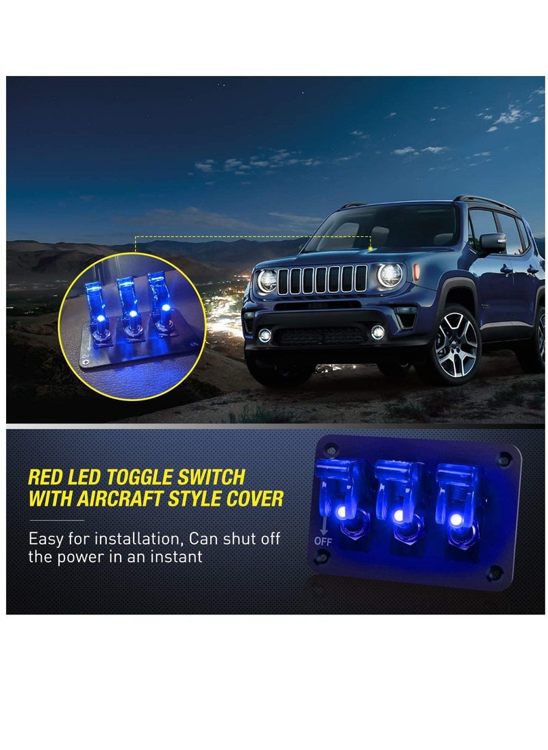 KASTWAVE - 3 Gang Toggle Switch 12V Rocker Switch Panel with LED Light and Flip Cover, Heavy-Duty ON/Off Switch Plate 3 Pin SPST Rocker Switch for DIY, Home, Racing Car (Blue) - Image 1