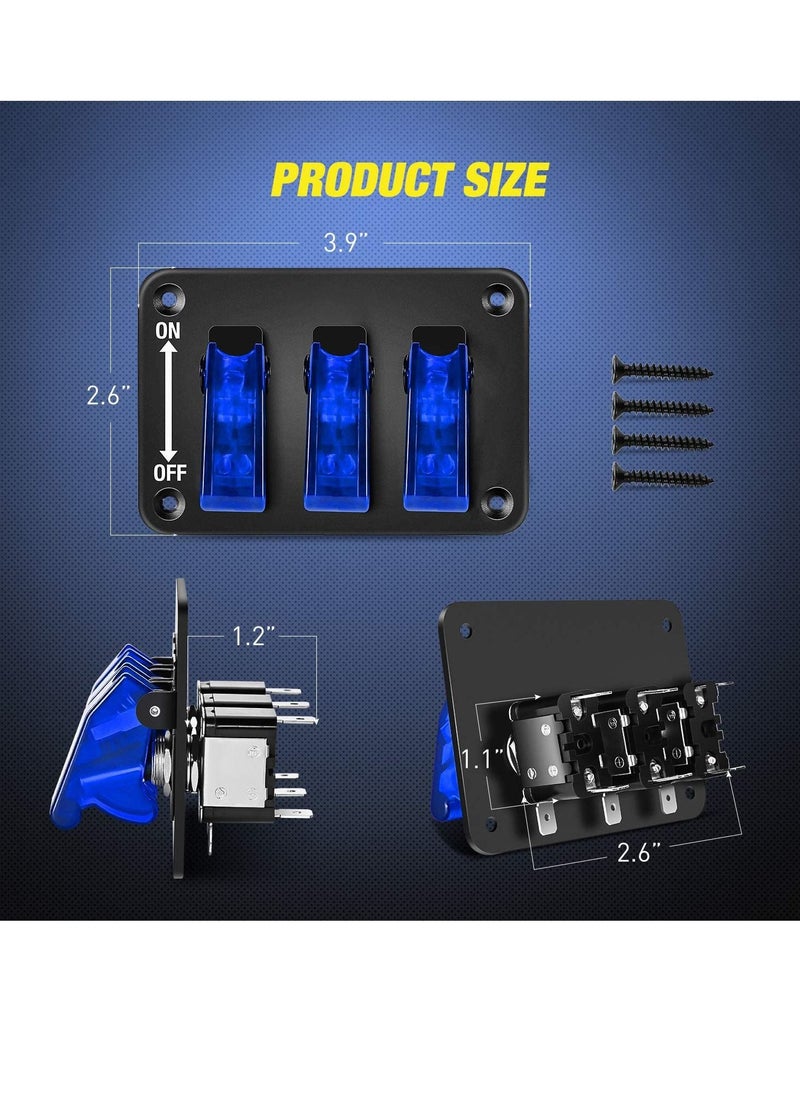 KASTWAVE - 3 Gang Toggle Switch 12V Rocker Switch Panel with LED Light and Flip Cover, Heavy-Duty ON/Off Switch Plate 3 Pin SPST Rocker Switch for DIY, Home, Racing Car (Blue) - Image 1