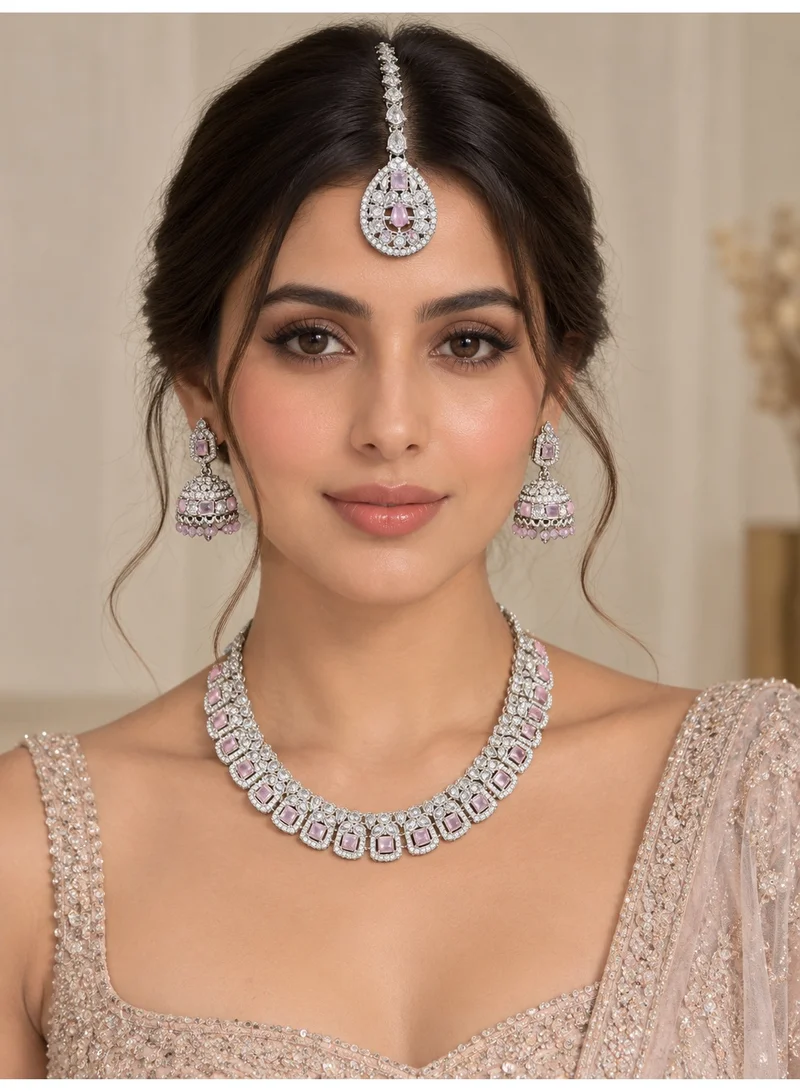 Lehar Silver-Tone Pastel Pink Stone Necklace Set with Jhumka Earrings & Maang Tikka - Indian Bridal Jewelry