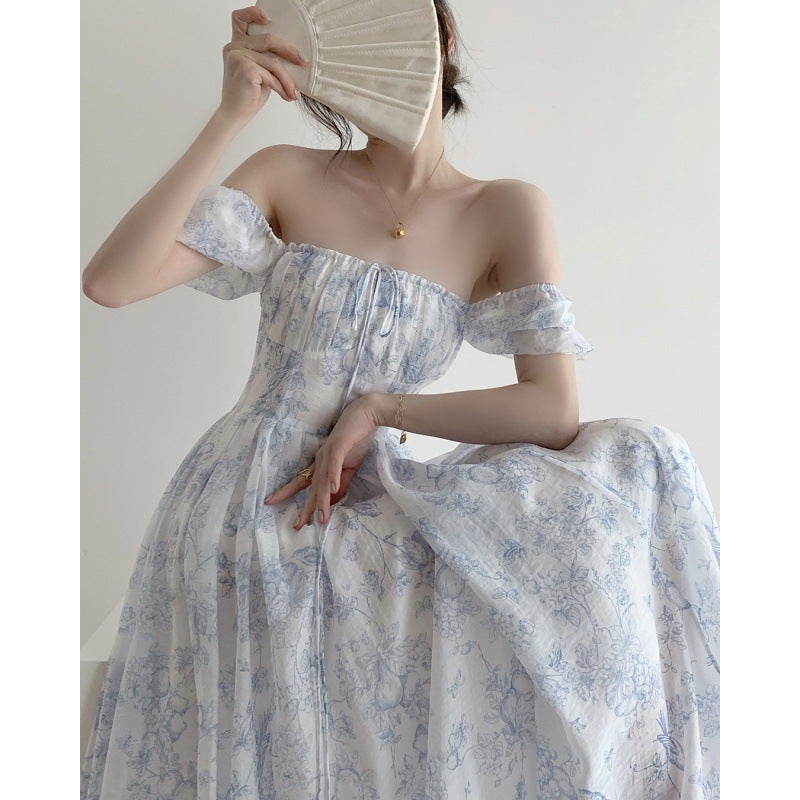 Printed dress womens summer new French long skirt to ankle ultra-long texture high-grade skirt Blue and white porcelain