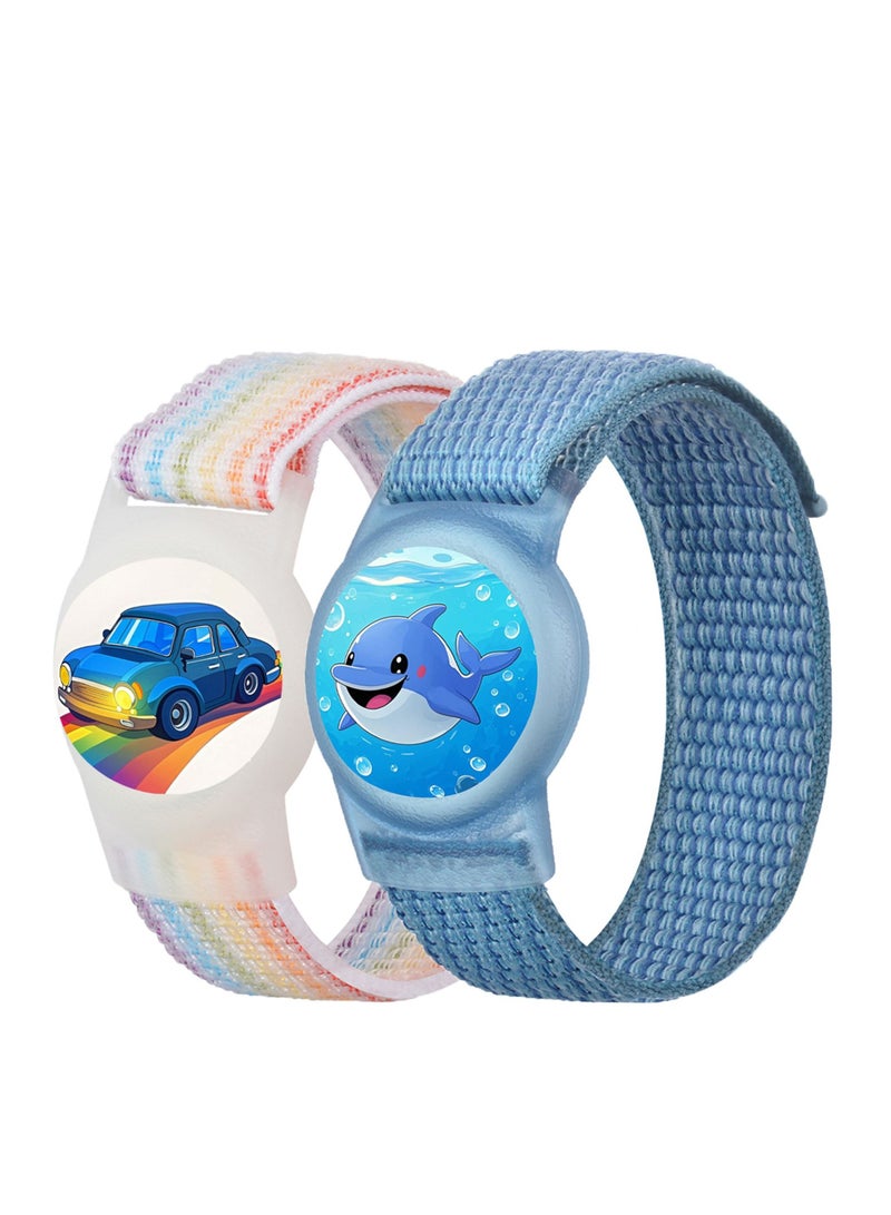 2 حزمة أساور أطفال لتغليف AirTag - حامل AirTag كرتوني للأطفال، سوار AirTag nylon للأطفال، خفيف الوزن، مقاوم للماء، سوار ساعة بحزام غطاء AirTag للأطفال - Image 1