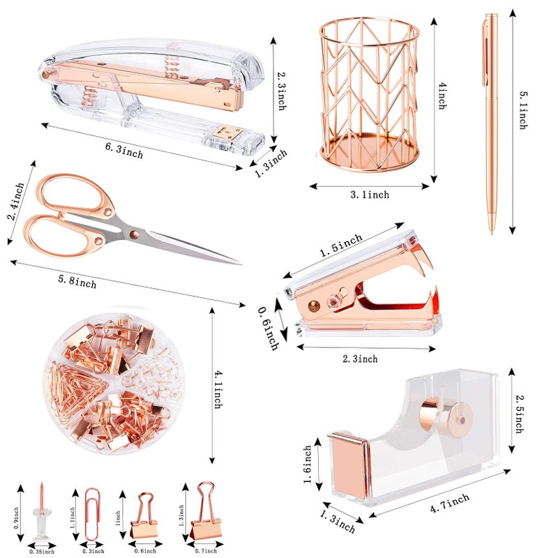 Famassi Rose Gold Desk Accessoriesï¼ŒOffice Supplies Set Acrylic Stapler Set Staple Remover, Tape Holder, 2 Ballpoint Pen, Scissor, Binder/Paper Clips and 1000pcs Staples. - Image 2