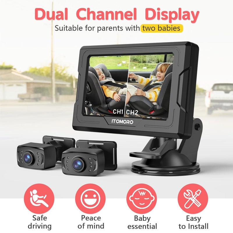 Itomoro Baby Car Camera HD 1080P Dual-Channel Display Car Baby Camera with 2 IR Night Vision Camera, Easily Install 4.3'' Car Camera for Baby with Crystal Clear Wide View for Rear Facing Seat - Image 2