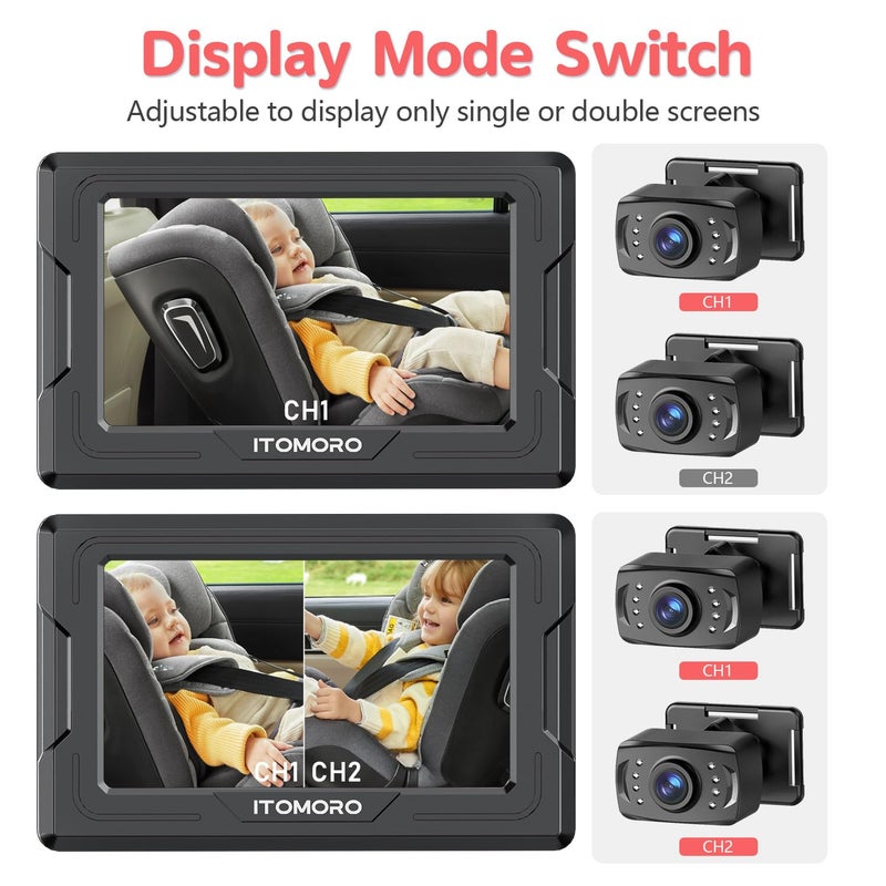 Itomoro Baby Car Camera HD 1080P Dual-Channel Display Car Baby Camera with 2 IR Night Vision Camera, Easily Install 4.3'' Car Camera for Baby with Crystal Clear Wide View for Rear Facing Seat - Image 5