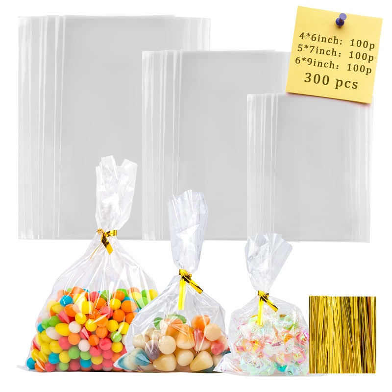 Labeol 300pcs Cellophane Bags 6X9 5X7 4X6 Cellophane Treat Bags with Ties Goodie Bag Clear Gift Bag Candy Cookie Party Favor Wraps for Packaging - Image 1
