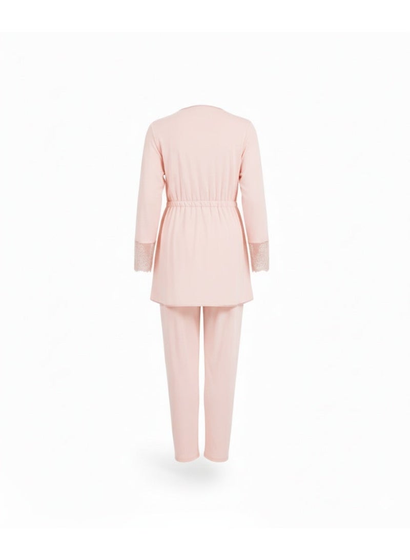 3-Piece Maternity & Nursing Pajama Set for Women - Long Sleeve Nursing Top, Short Lace Robe & Full-Length Pants | Cotton Lycra | Made in Turkey - Image 4