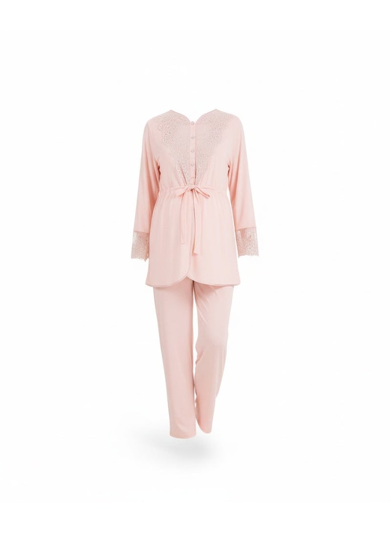 3-Piece Maternity & Nursing Pajama Set for Women - Long Sleeve Nursing Top, Short Lace Robe & Full-Length Pants | Cotton Lycra | Made in Turkey - Image 2