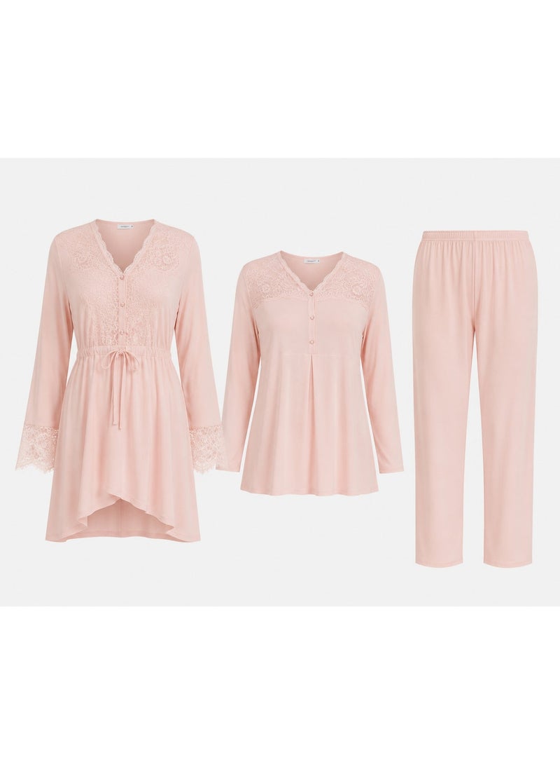 3-Piece Maternity & Nursing Pajama Set for Women - Long Sleeve Nursing Top, Short Lace Robe & Full-Length Pants | Cotton Lycra | Made in Turkey - Image 1