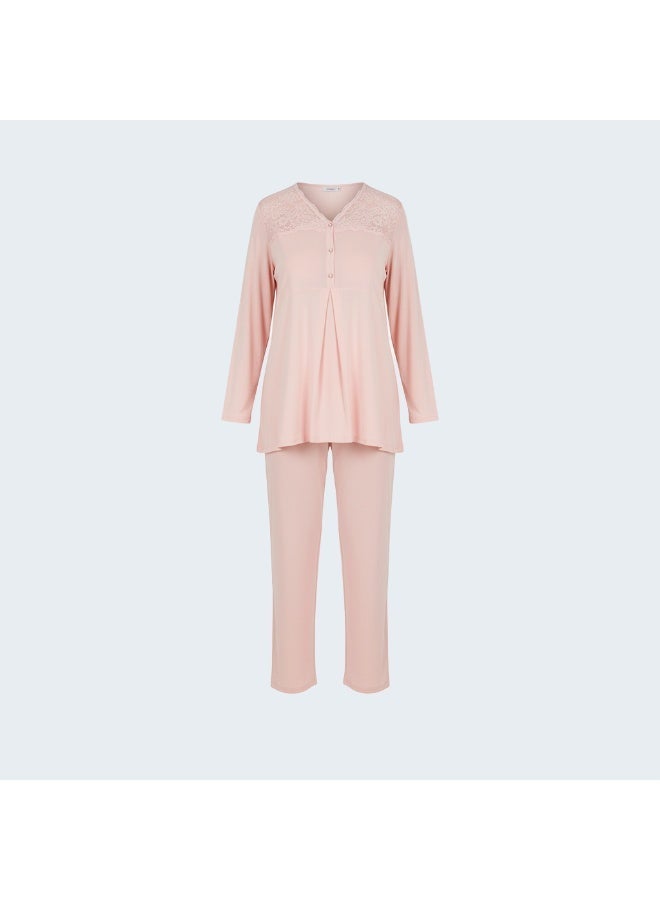3-Piece Maternity & Nursing Pajama Set for Women - Long Sleeve Nursing Top, Short Lace Robe & Full-Length Pants | Cotton Lycra | Made in Turkey - Image 3
