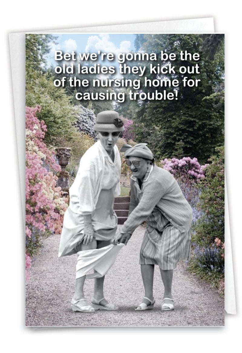 NobleWorks - 1 Funny Happy Birthday Greeting Card - Old Woman Humor, Notecard Talk Bubbles - Old Troublemakers C3567BDG - Image 1