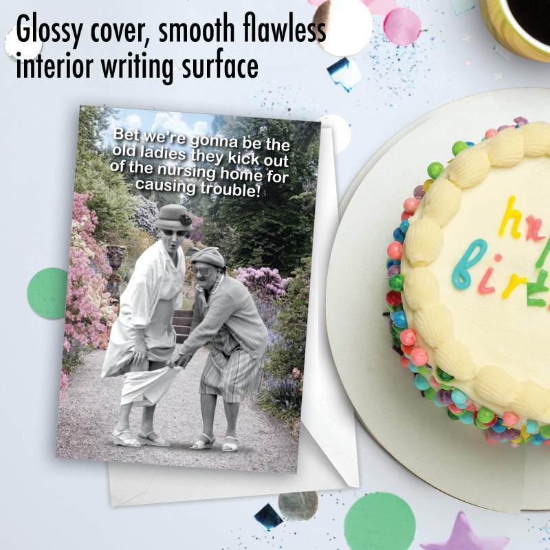 NobleWorks - 1 Funny Happy Birthday Greeting Card - Old Woman Humor, Notecard Talk Bubbles - Old Troublemakers C3567BDG - Image 5