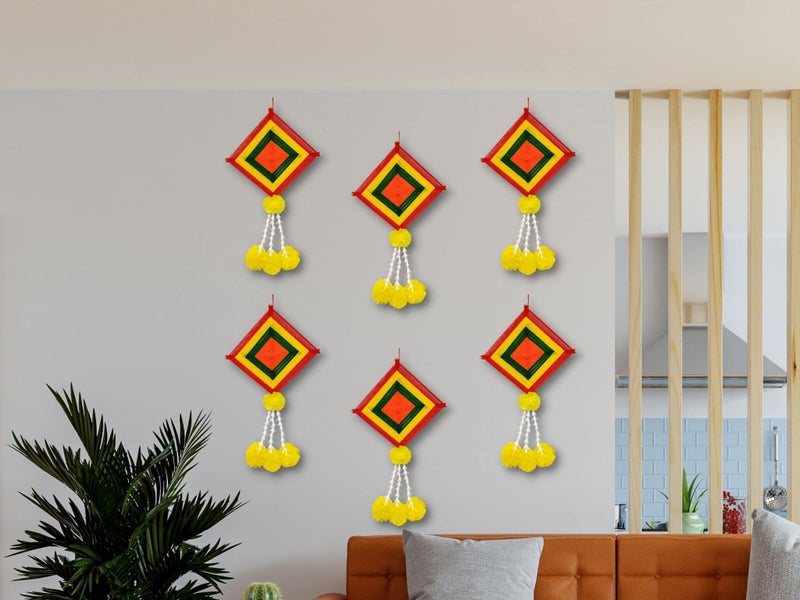 JH Gallery Handmade Artificial Marigold Fluffy Flowers Colorful Woolen Kite Hangings (39 Inches Height Approx.) (Pack of 6) - Image 5