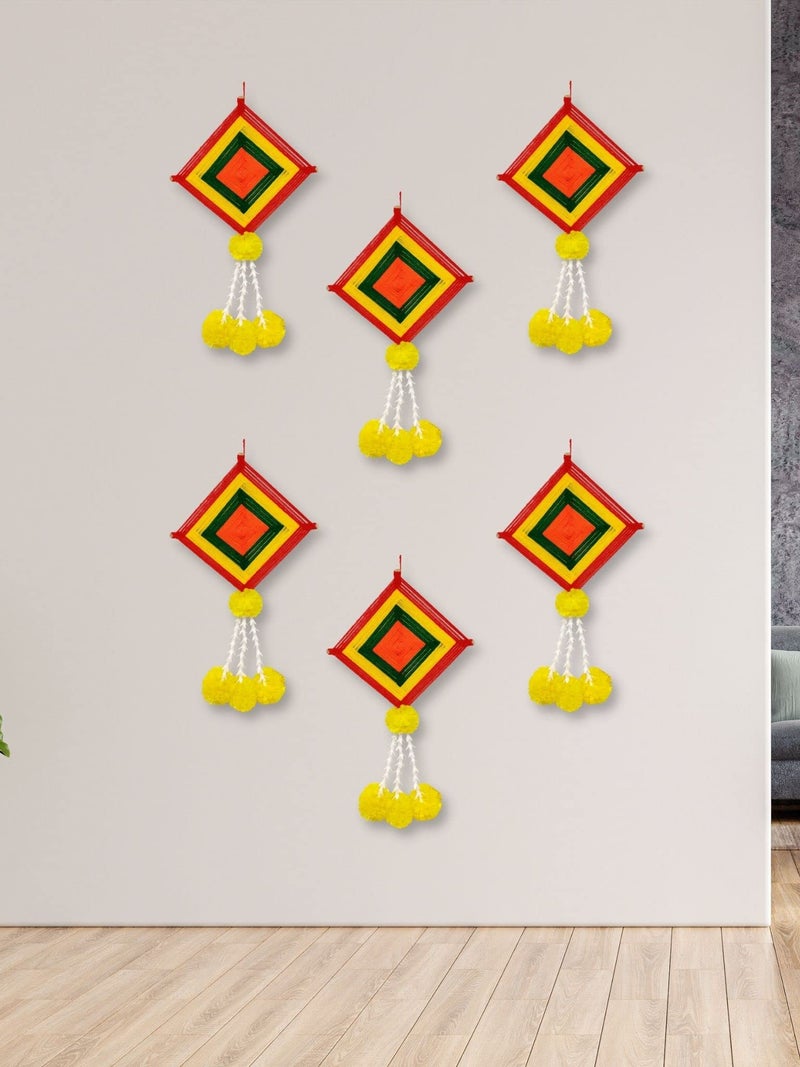 JH Gallery Handmade Artificial Marigold Fluffy Flowers Colorful Woolen Kite Hangings (39 Inches Height Approx.) (Pack of 6) - Image 1
