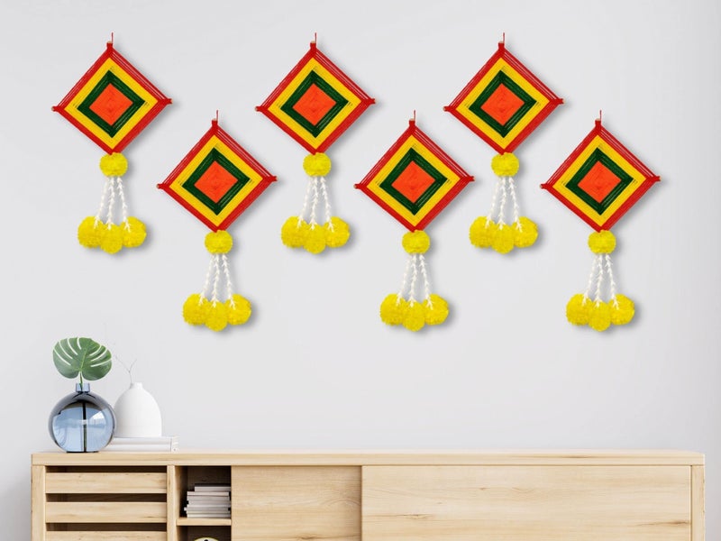JH Gallery Handmade Artificial Marigold Fluffy Flowers Colorful Woolen Kite Hangings (39 Inches Height Approx.) (Pack of 6) - Image 3