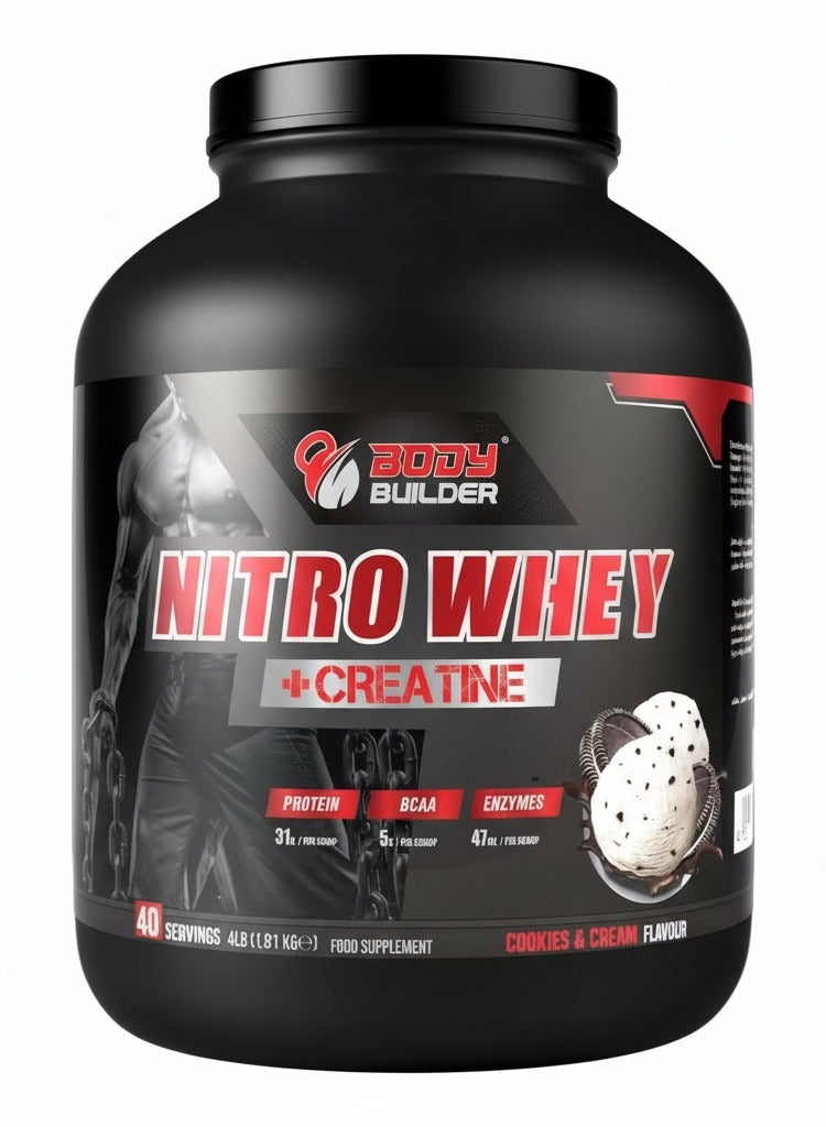 Body Builder Nitro Whey + Creatine | 31g of whey Protein for Muscle Growth & Recovery 5g Creatine10g BCAA with Digestive Enzymes for Lean Gains & Energy Boost Cookies &Cream -4 LB) - Image 1