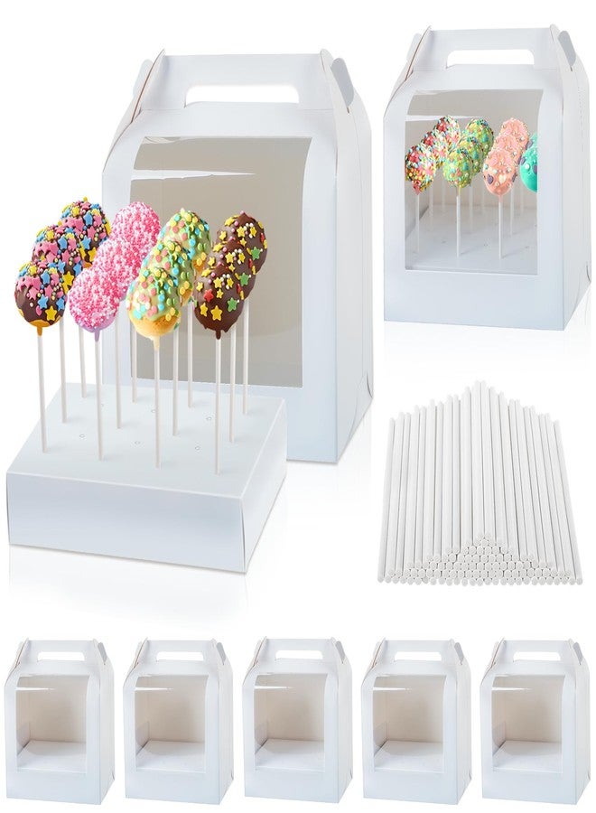 MGWOTH Cake Pop Boxes Packaging with Sticks Set, 5PCS Cakesicle Display Stand with Window, Portable Lollipops Transport Holder with 100Pcs Paper Sticks, Bakery Containers for Babyshower, Party - Image 1