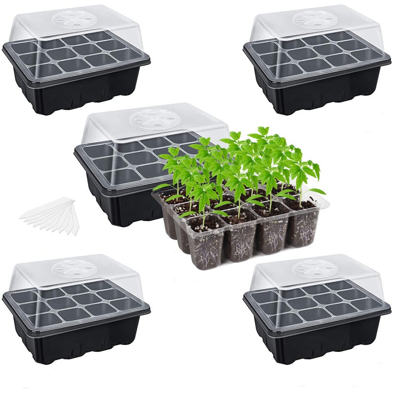 Bonviee Bonviee 5-Pack Seed Starter Tray Seedling Kits,Plant Starter Kit with Adjustable Humidity Dome and Base Indoor Greenhouse Mini Propagator for Seeds Growing Starting (12 Cells per Tray,Black)  - Image 1