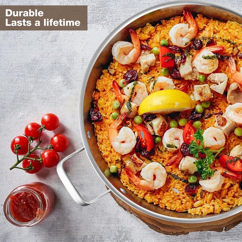 Yeksum Stainless Steel Paella Pan with Lid - 14.5" Tri-Ply 18/10 Deep Paella Pan for 12, PFOA-Free, Fast Heating & Oven Safe 550°F, All Stovetops & Outdoor Skillet - Image 5