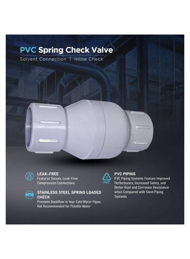 PVC In-line Check Valve for Backflow Prevention Solvent Connections, White Plastic (1-1/4")  - Image 2