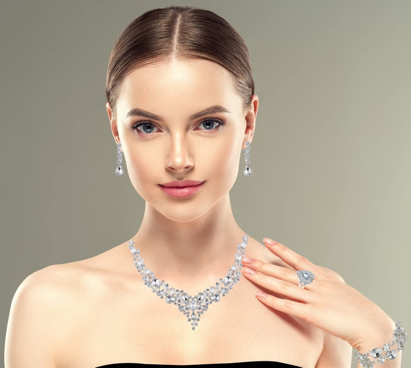 Paxuan Crystal Rhinestone Women Jewelry Sets for Wedding Bridal Party Bridesmaids Crystal Necklace Earrings Bracelets Rings Jewelry Set for Motherâ€™s Day - Image 2