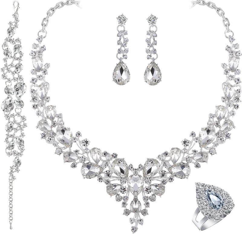 Paxuan Crystal Rhinestone Women Jewelry Sets for Wedding Bridal Party Bridesmaids Crystal Necklace Earrings Bracelets Rings Jewelry Set for Motherâ€™s Day - Image 1