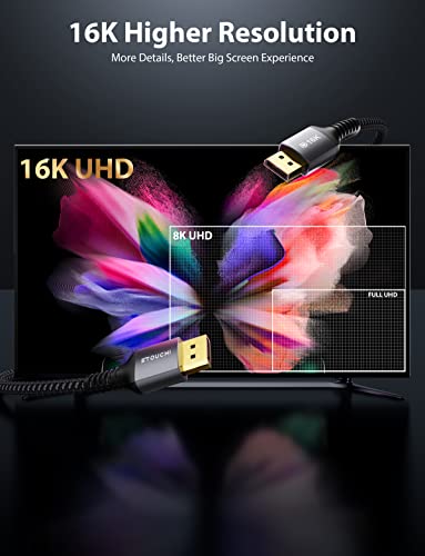 Stouchi Displayport 2.1 Cable 10FT/3M, 80Gbps [16K@60Hz, 8K@120Hz, 4K@240Hz, 1080P@360Hz] HDR, HDCP, DSC 1.2a, FreeSync G-Sync DP Cable for Gaming Monitor, RTX 5090, RX 9070, RTX 6000 Ada - Image 2
