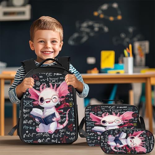 Citari Axolotl Backpack Set for Boys Girls 3PCS Cute Animal School Bag with Lunch Box Pencil Case Kids Backpacks Toddler Elementary Bookbag 16 Inch - Image 3