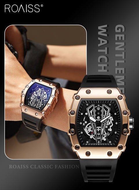 ساعة كوارتز بحزام مطاطي للرجال، ساعة بقرص على شكل برميل مع تصميم ميكانيكي هيكلي، ساعة يد رياضية مضيئة مقاومة للماء كهدية للرجال