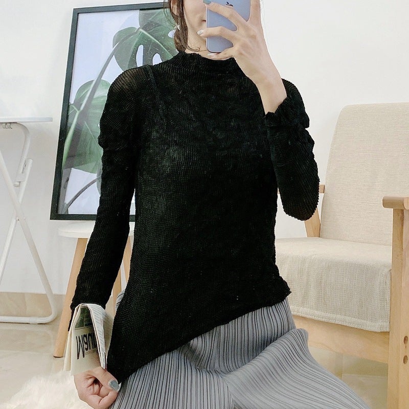 Pleated T-shirt small shirt design sense women's summer new Miyake black sexy perspective all-match top women's short sleeve - Image 1