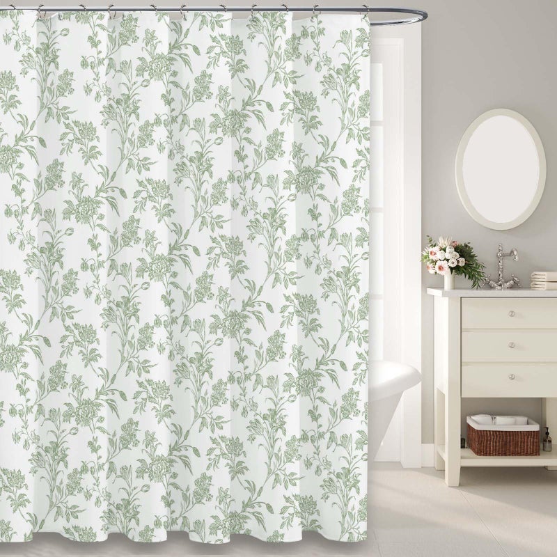 WOUVMA Sage Green Shower Curtain Floral Cotton Cottagecore Shower Curtain for Bathroom 72"" W x 84"" L - Image 1