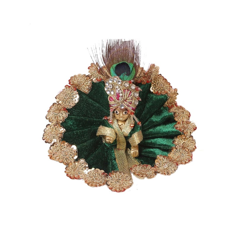 Dulhan DLC Laddu Gopal Ji Dress Designer Velvet Janamashtami Dress for Thakur ji Kanha Ji Dev Vastra 1 pc Floral Border Bal Gopal Krishna Ji God Ladoo Gopal Poshak by Dulhan Size 0 4 inch Pine Green - Image 1
