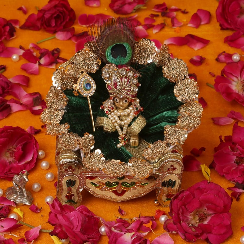Dulhan DLC Laddu Gopal Ji Dress Designer Velvet Janamashtami Dress for Thakur ji Kanha Ji Dev Vastra 1 pc Floral Border Bal Gopal Krishna Ji God Ladoo Gopal Poshak by Dulhan Size 0 4 inch Pine Green - Image 5