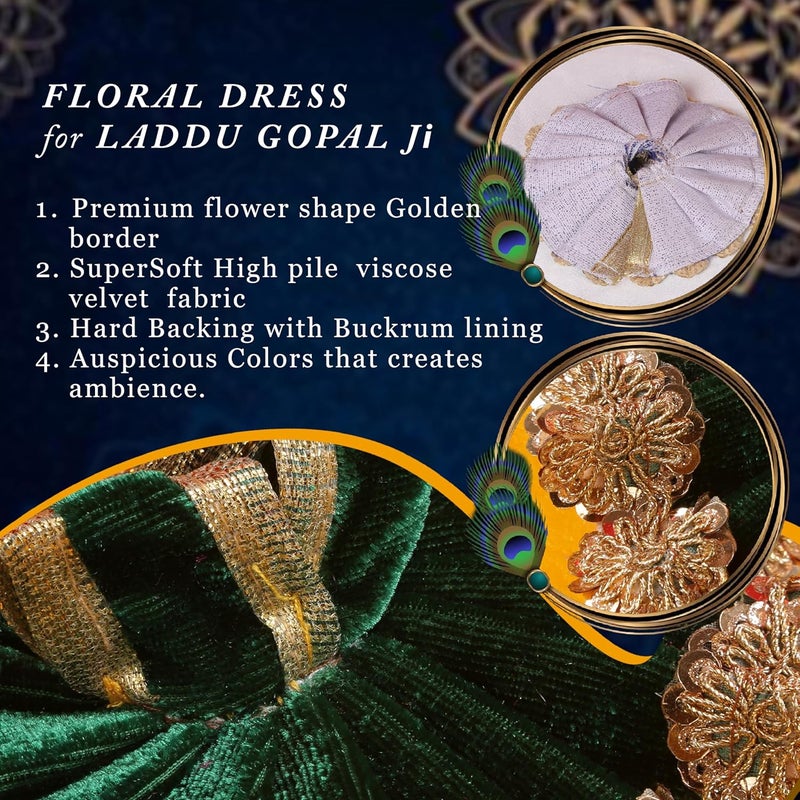 Dulhan DLC Laddu Gopal Ji Dress Designer Velvet Janamashtami Dress for Thakur ji Kanha Ji Dev Vastra 1 pc Floral Border Bal Gopal Krishna Ji God Ladoo Gopal Poshak by Dulhan Size 0 4 inch Pine Green - Image 4