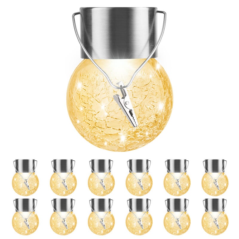 PARTPHONER Solar Outdoor Lights Decorative 12 Pack, Hanging Solar Garden Lights Waterproof, Solar Powered Globe Cracked Glass Ball Lantern for Yard Patio Fence Tree Umbrella Holiday Decoration, Warm White - Image 1
