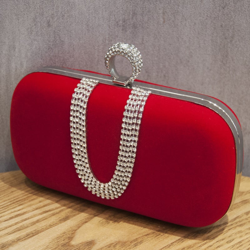 Black Velvet Rhinestone Evening Clutch with Lock Clasp and Phone Pocket - Image 1