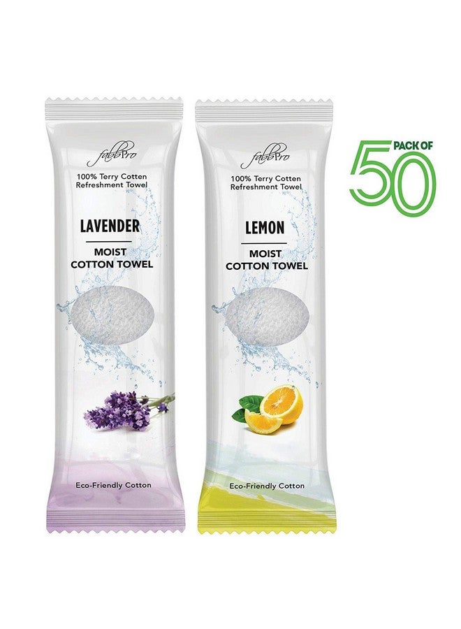 Oshibori Moist Terry Cotton Refreshment Towels (50 Pack 8 X 8 Inches) White Mildly Scented Premoistened Towel To Use Hot Or Cold Lemon & Lavender Scent Bundle Of 25 Each