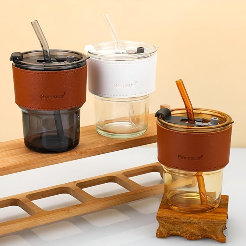 حاوية قهوة محمولة - كوب زجاجي متين سعة 450 مل مع غطاء واقٍ وماصة، غطاء مانع للتسرب للمشروبات الساخنة، مثالي للاستخدام أثناء التنقل والأنشطة الخارجية (3 قطع)